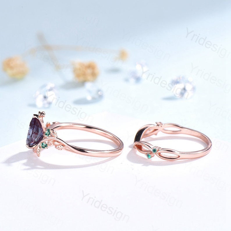 Natural Inspired alexandrite engagement ring Teardrop Leaf vine color-change wedding set rose gold vintage unique promise ring for women - PENFINE