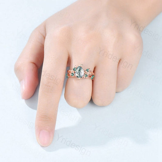 Natural Inspired Leaf moss agate ring Elegant engagement ring set teardrop vintage unique wedding set women cluster emerald promise ring - PENFINE