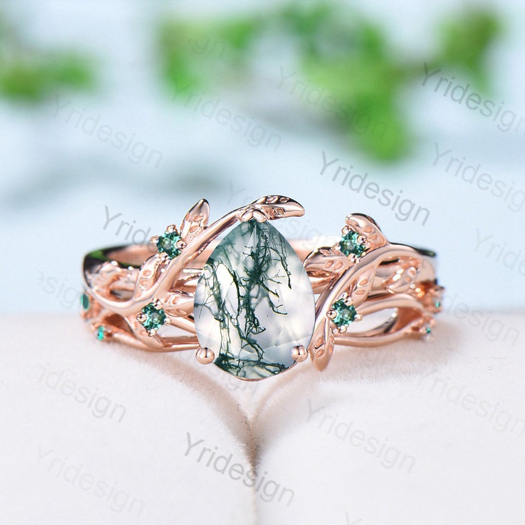 Natural Inspired Leaf moss agate ring  Elegant engagement ring set teardrop vintage unique wedding set women cluster emerald promise ring - PENFINE