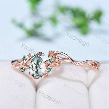 Natural Inspired Leaf moss agate ring  Elegant engagement ring set teardrop vintage unique wedding set women cluster emerald promise ring - PENFINE