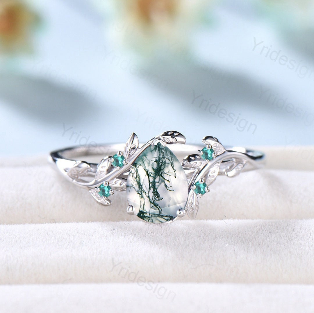 Natural Inspired Leaf moss agate ring  Elegant engagement ring set teardrop vintage unique wedding set women cluster emerald promise ring - PENFINE