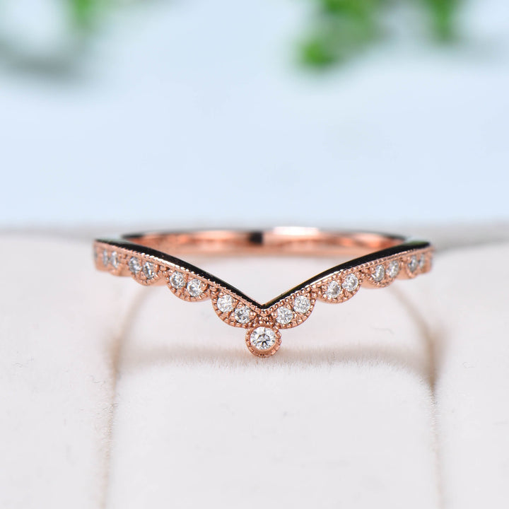 Art deco dainty curved Diamond wedding band Unique rose gold mulgrain stacking band art deco moissanite matching band Anniversary Gift - PENFINE