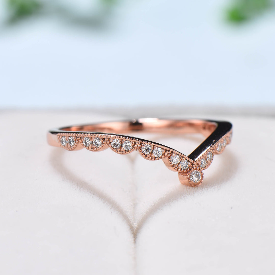 Art deco dainty curved Diamond wedding band Unique rose gold mulgrain stacking band art deco moissanite matching band Anniversary Gift - PENFINE