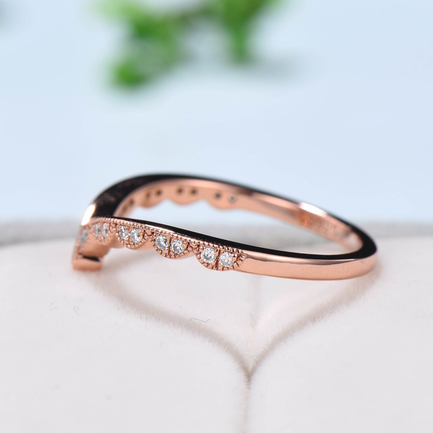 Art deco dainty curved Diamond wedding band Unique rose gold mulgrain stacking band art deco moissanite matching band Anniversary Gift - PENFINE