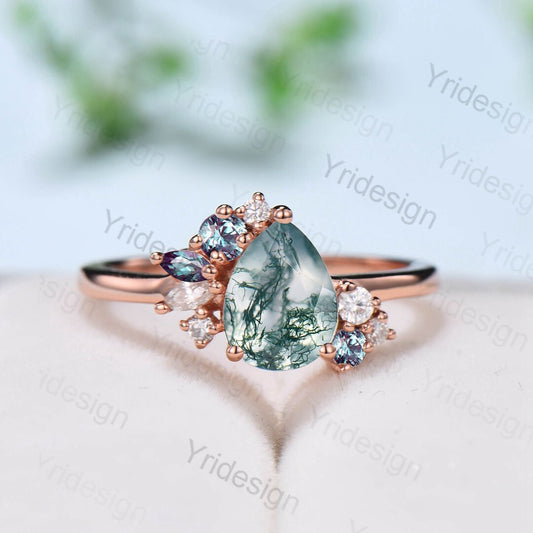 Pear shaped moss agate ring rose gold vintage unique engagement ring cluster alexandrite ring art deco moissanite promise ring for women - PENFINE