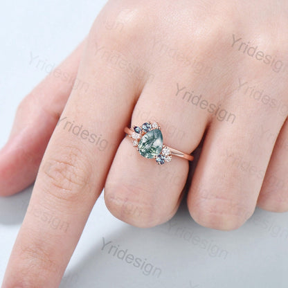 Pear shaped moss agate ring rose gold vintage unique engagement ring cluster alexandrite ring art deco moissanite promise ring for women - PENFINE