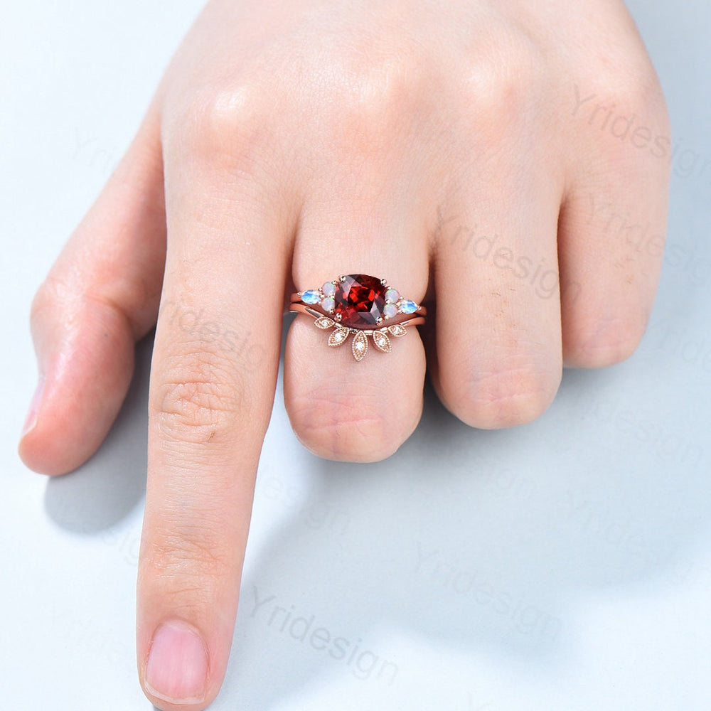 Vintage Garnet Ring For Women Cushion Garnet Engagement Ring Set Unique Opal Moonstone Wedding Ring Curved Moissanite Band Anniversary Gift - PENFINE