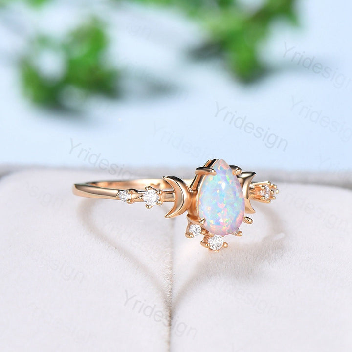 Vintage White Fire Opal Ring Rose Gold Moon Pear Shaped Opal Engagement Ring Art Deco Diamond Women Wedding Ring Anniversary Promise Ring - PENFINE