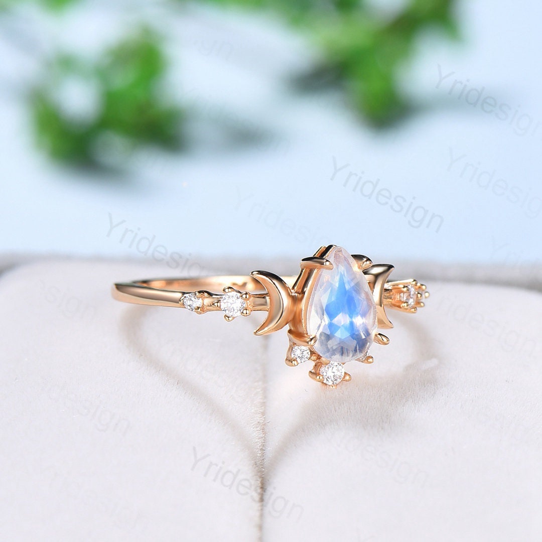 Vintage Rainbow Blue Moonstone Ring Rose Gold Pear Shaped Moonstone Engagement Ring Art Deco Diamond Women Wedding Ring Anniversary Gift - PENFINE