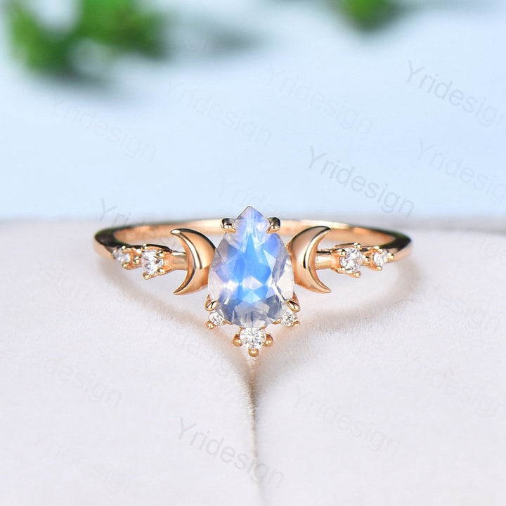 Vintage Rainbow Blue Moonstone Ring Rose Gold Pear Shaped Moonstone Engagement Ring Art Deco Diamond Women Wedding Ring Anniversary Gift - PENFINE