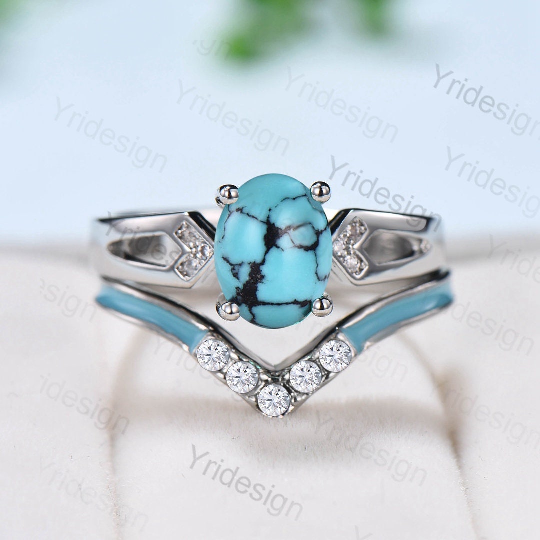 Unique Oval Turquoise engagement ring set 14k white gold vintage split shank engagement ring for women Blue Enamel Wedding Ring Antique Gift - PENFINE