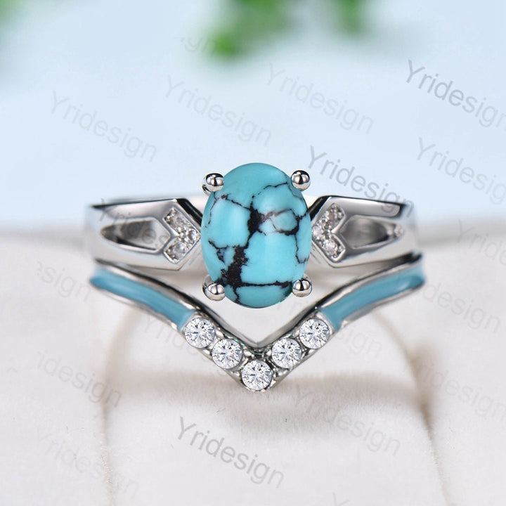 Unique Oval Turquoise engagement ring set 14k white gold vintage split shank engagement ring for women Blue Enamel Wedding Ring Antique Gift - PENFINE