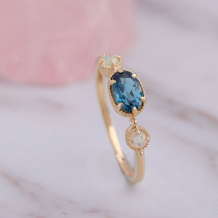 East To West London blue topaz engagement ring unique Three stone opal ring Minimalist Dainty Promise Ring bezel set Bridal ring for Women - PENFINE