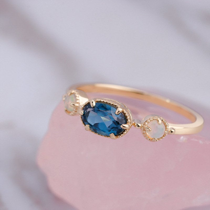 East To West London blue topaz engagement ring unique Three stone opal ring Minimalist Dainty Promise Ring bezel set Bridal ring for Women - PENFINE