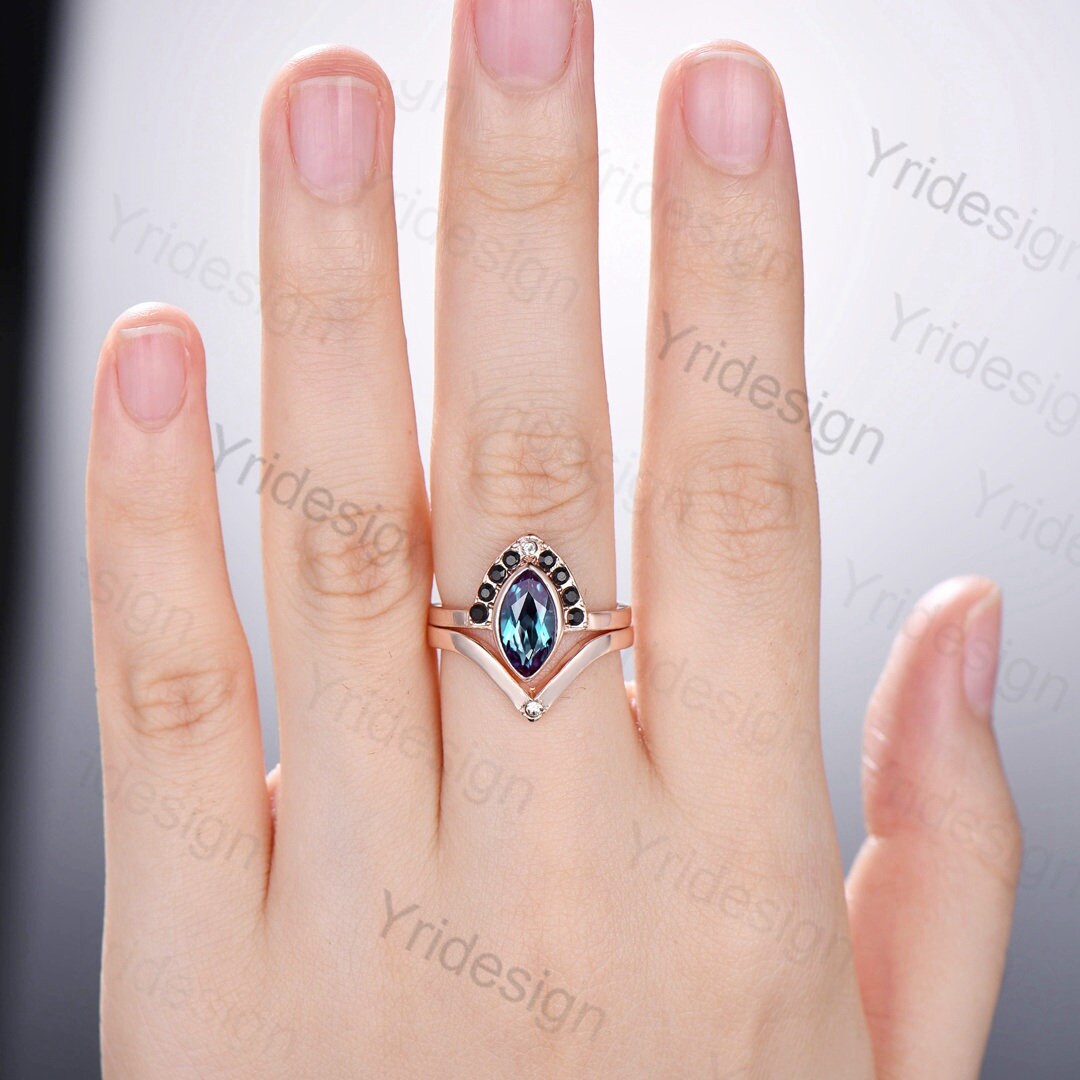 10x5mm Marquise Cut Alexandrite ring set Vintage unique bezel set alexandrite engagement ring set rose gold black diamond wedding ring women - PENFINE