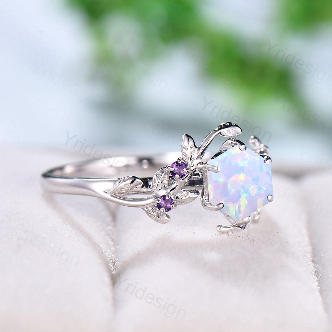 Elegant White Opal Engagement Ring Vintage Unique Hexagon Fire Opal Ring Natural Inspired Leaf Vine Cluster Amethyst Wedding Ring Women Gift - PENFINE