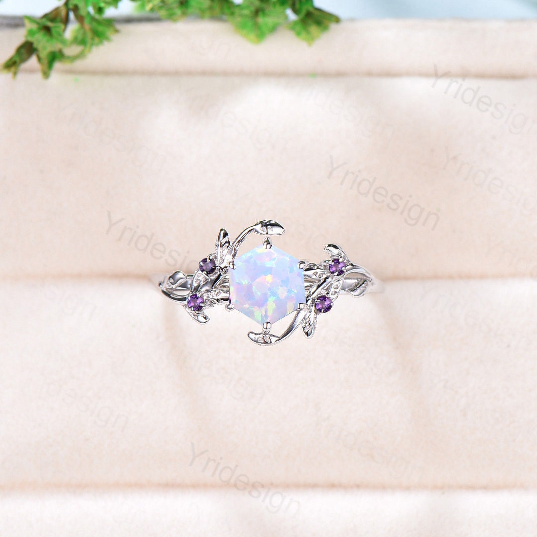 Elegant White Opal Engagement Ring Vintage Unique Hexagon Fire Opal Ring Natural Inspired Leaf Vine Cluster Amethyst Wedding Ring Women Gift - PENFINE