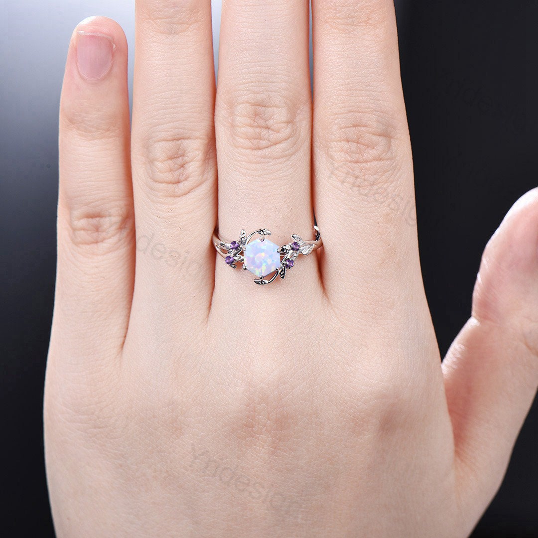 Elegant White Opal Engagement Ring Vintage Unique Hexagon Fire Opal Ring Natural Inspired Leaf Vine Cluster Amethyst Wedding Ring Women Gift - PENFINE