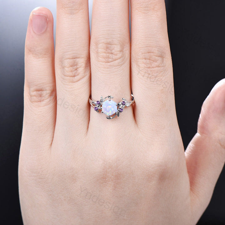 Elegant White Opal Engagement Ring Vintage Unique Hexagon Fire Opal Ring Natural Inspired Leaf Vine Cluster Amethyst Wedding Ring Women Gift - PENFINE