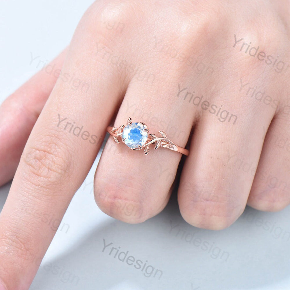 Vintage Leaves Moonstone Ring 14K Rose Gold Natural Inspired Leaf Engagement Ring Art Deco Wedding Ring For Women Floral Anniversary Gift - PENFINE