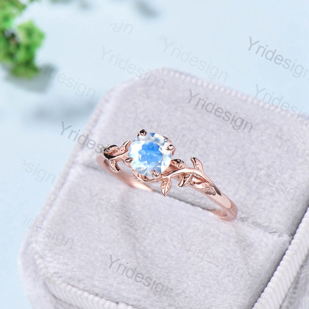 Vintage Leaves Moonstone Ring 14K Rose Gold Natural Inspired Leaf Engagement Ring Art Deco Wedding Ring For Women Floral Anniversary Gift - PENFINE