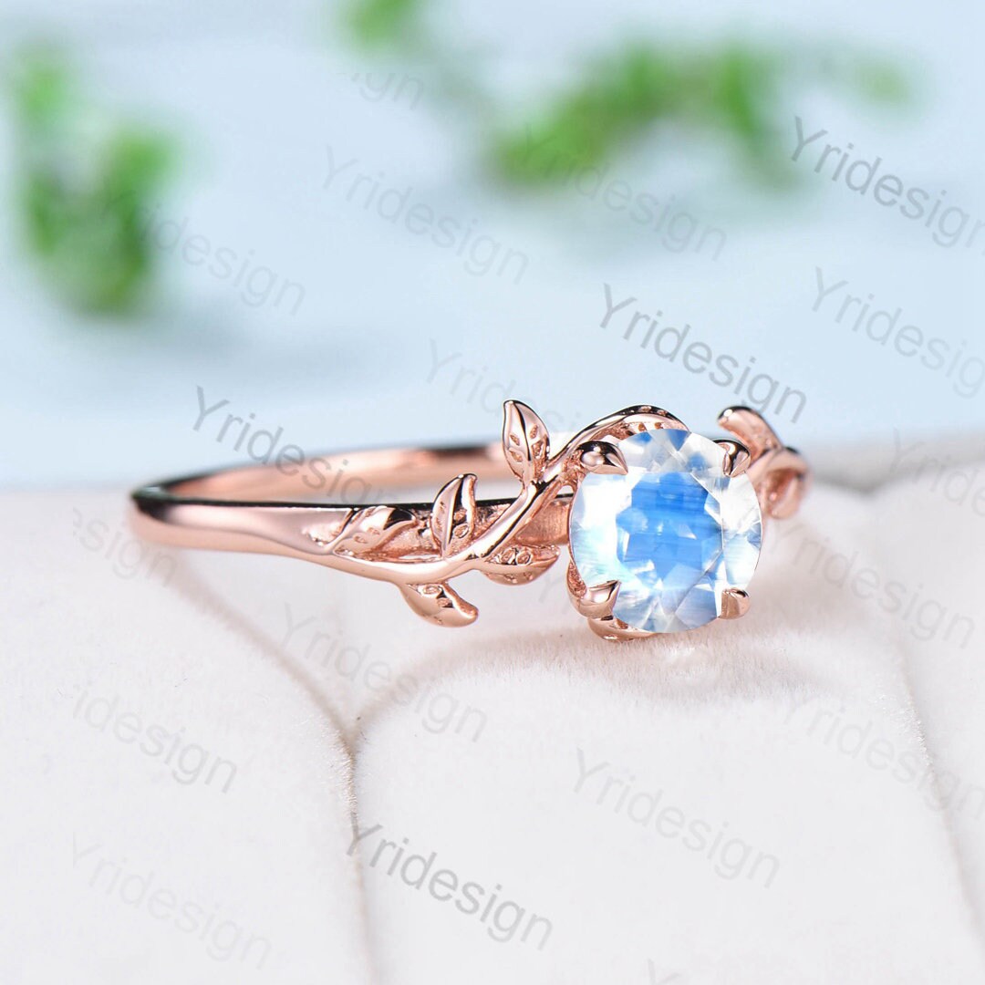 Vintage Leaves Moonstone Ring 14K Rose Gold Natural Inspired Leaf Engagement Ring Art Deco Wedding Ring For Women Floral Anniversary Gift - PENFINE