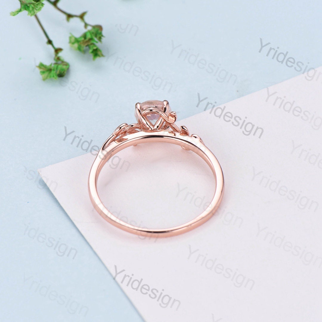 Vintage Leaves Moonstone Ring 14K Rose Gold Natural Inspired Leaf Engagement Ring Art Deco Wedding Ring For Women Floral Anniversary Gift - PENFINE