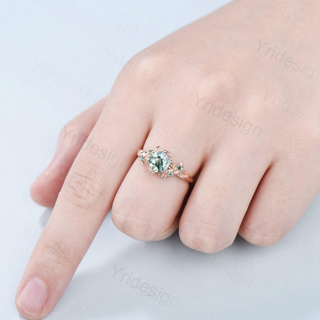 Elegant Natural Moss Agate Ring Vintage Unique Hexagon Engagement Ring Inspired Leaf Cluster Emerald Wedding Ring Women Green Gemstone Ring - PENFINE