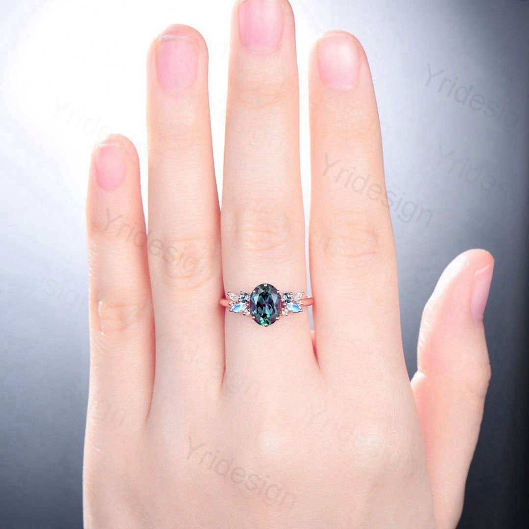 Unique Alexandrite Engagement Ring Women Alternative Moonstone Wedding Ring Vintage Nature Inspired Cluster Moissanite Promise Ring For Her - PENFINE