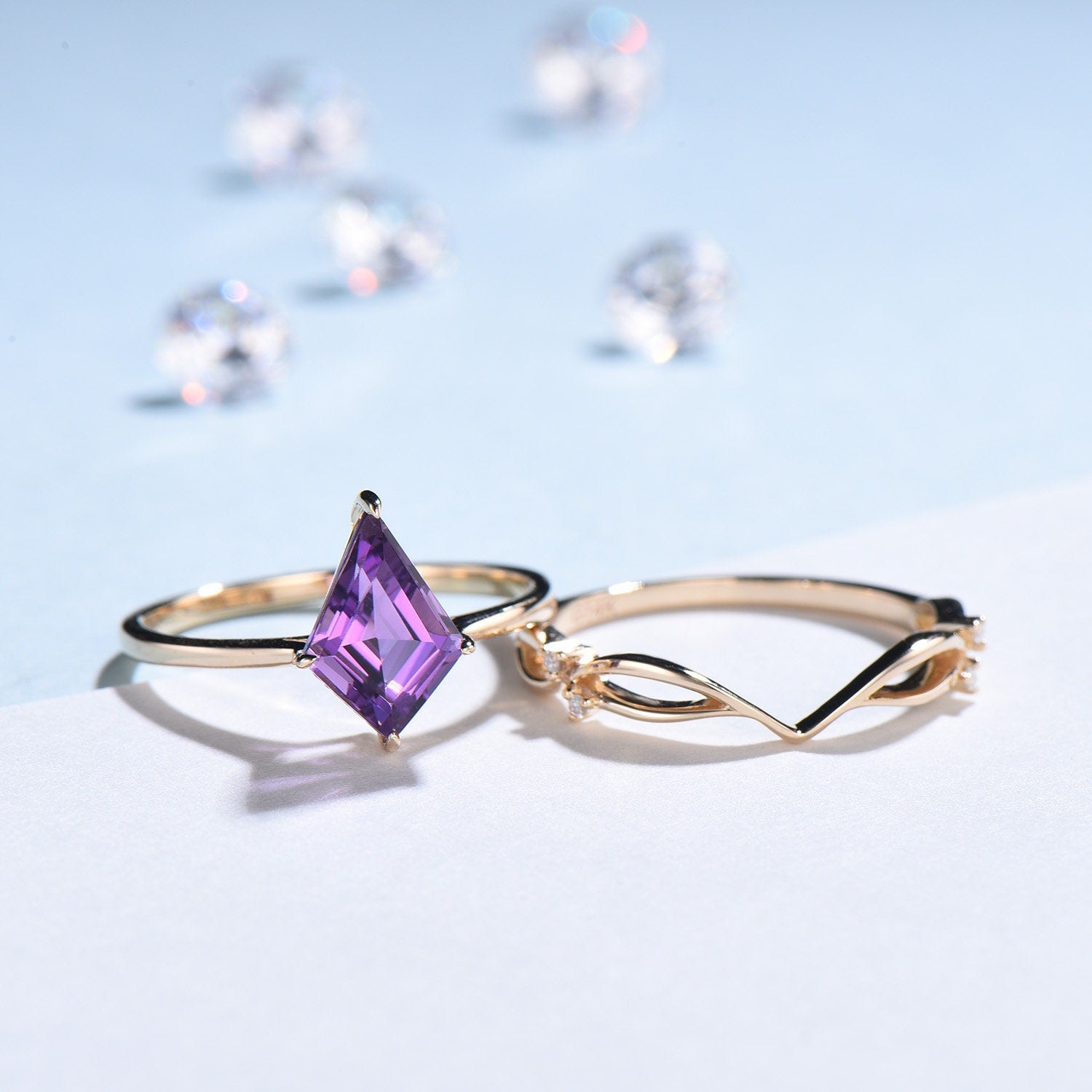 7x10mm Kite Cut Amethyst Ring Set Solitaire 1.5CT Purple Amethyst Engagement Ring Simple Rose Gold February Birthstone Wedding Bridal Set - PENFINE