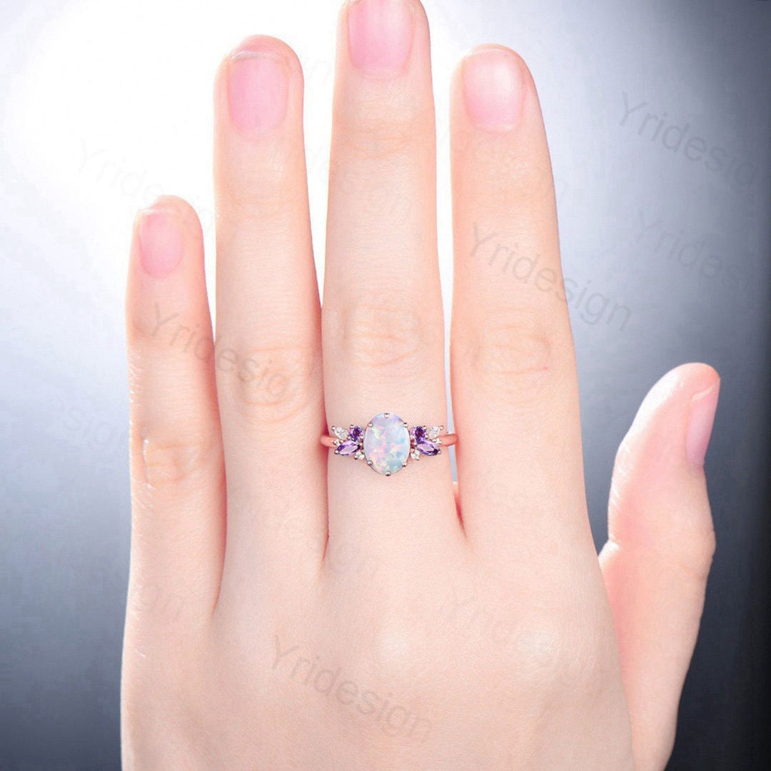 Unique White Opal Engagement Ring Women Alternative Cluster Amethyst Wedding Ring Vintage Nature Inspired Art Deco Moissanite Promise Ring - PENFINE