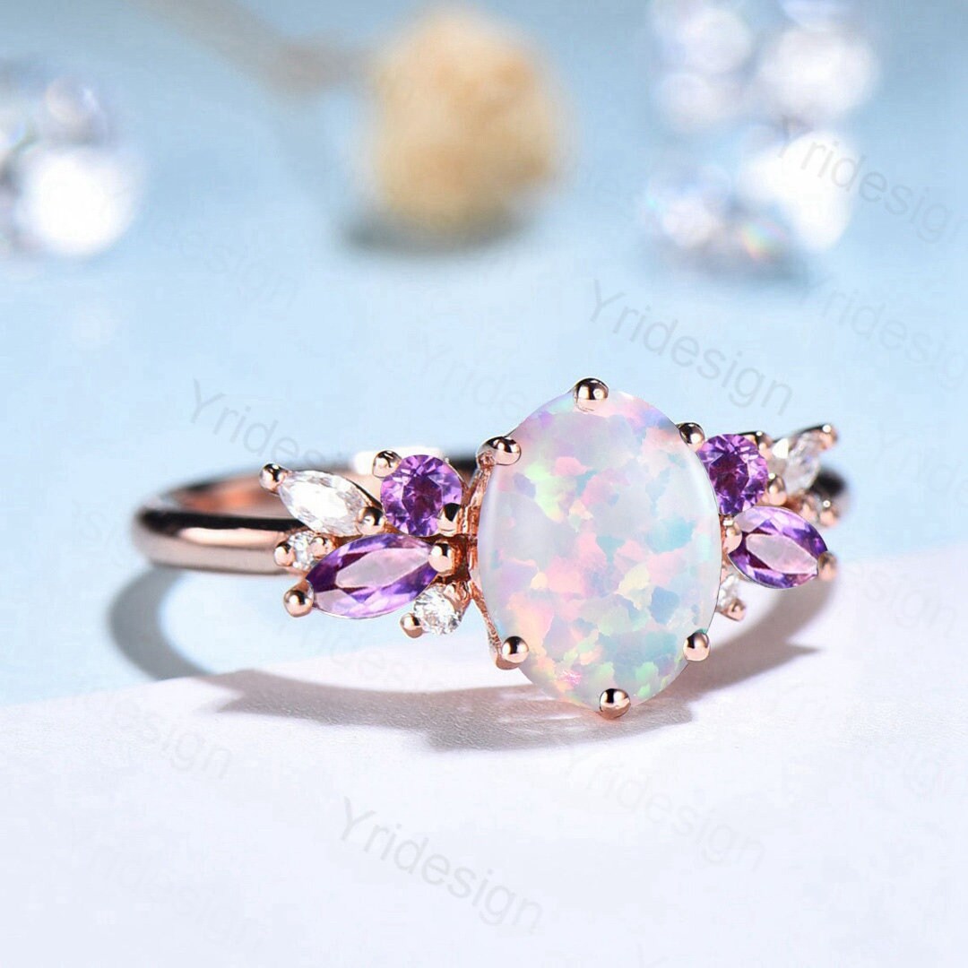 Unique White Opal Engagement Ring Women Alternative Cluster Amethyst Wedding Ring Vintage Nature Inspired Art Deco Moissanite Promise Ring - PENFINE