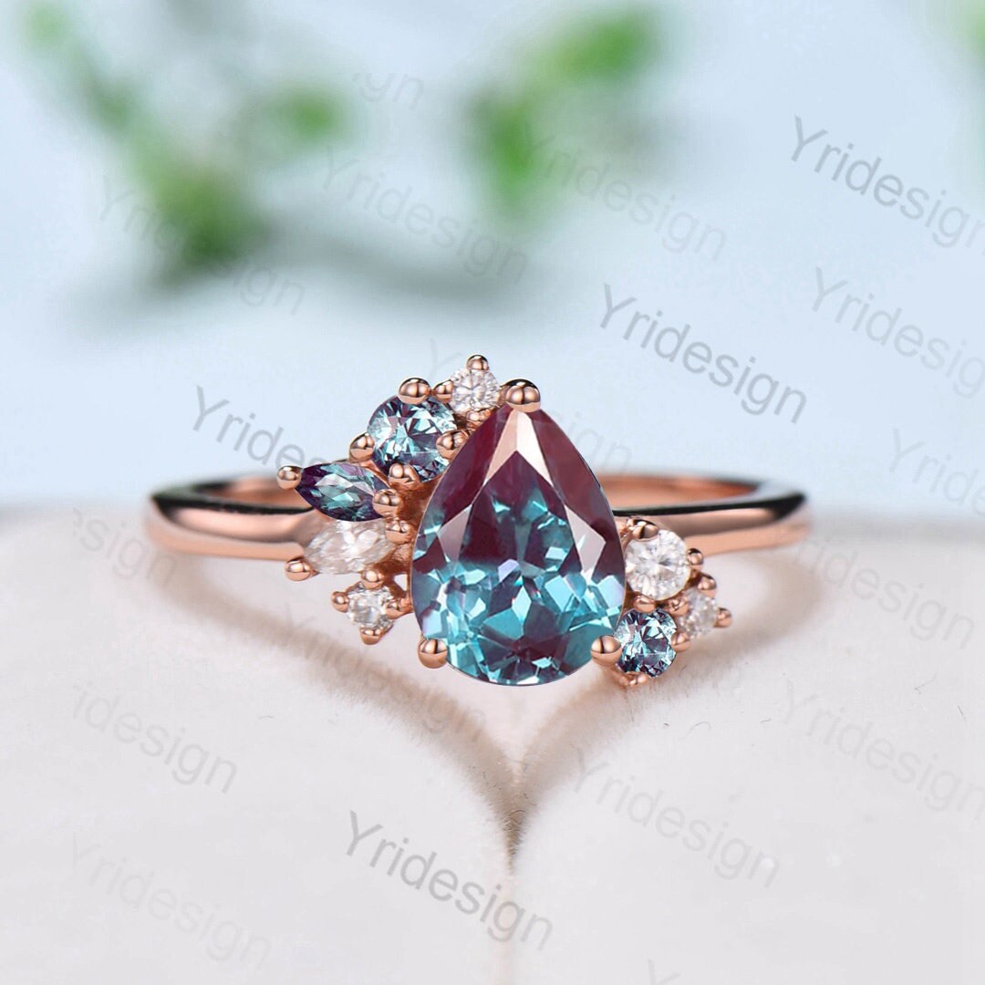 Pear shaped alexandrite ring rose gold vintage unique alexandrite engagement ring alternative cluster ring art deco moissanite bridal ring - PENFINE