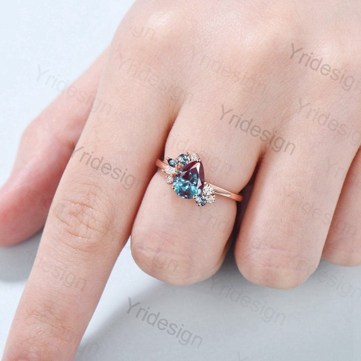 Pear shaped alexandrite ring rose gold vintage unique alexandrite engagement ring alternative cluster ring art deco moissanite bridal ring - PENFINE