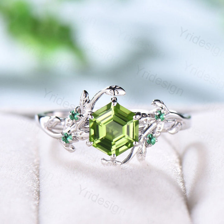 Elegant Hexagon Cut Peridot Ring Solid White Gold Vintage Unique Peridot Engagement Ring Cluster Emerald Wedding Ring Women Anniversary Gift - PENFINE