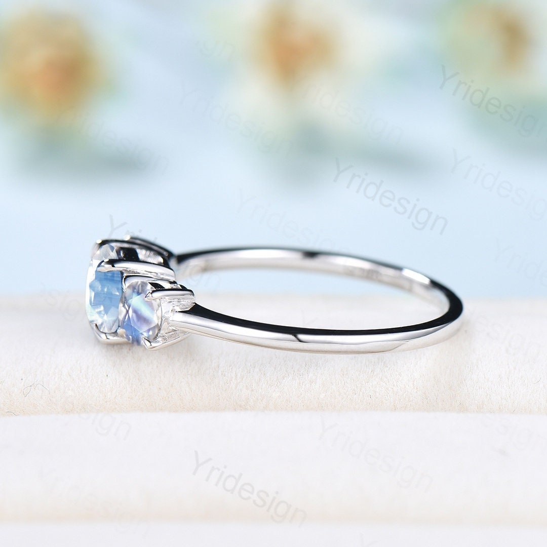 Three Stone Aquamarine Ring Dainty Moonstone Aquamarine Engagement Ring Gold Wedding Ring For Women Antique Anniversary promise ring for her - PENFINE