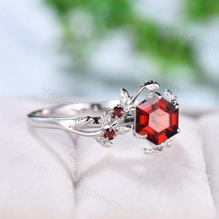 Natural Inspired Garnet Ring Vintage Unique Twig Engagement Ring 14K White Gold Leaf Branch Wedding Ring Women January Birthstone  Ring - PENFINE