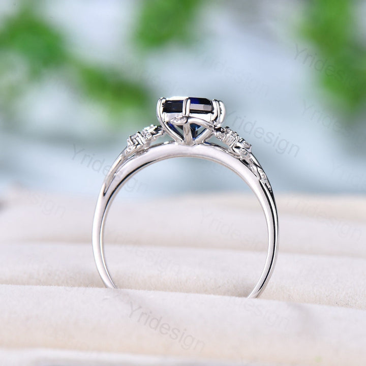 Elegant Hexagon Cut Sapphire Ring White Gold Vintage Unique Blue Sapphire Engagement Ring Branch September birthstone Wedding Ring Women - PENFINE