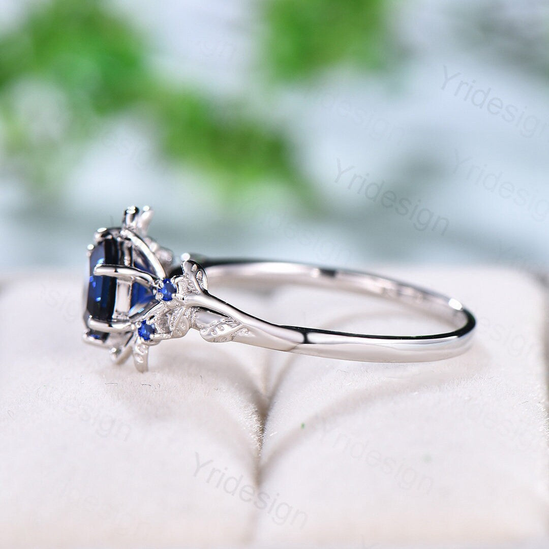 Elegant Hexagon Cut Sapphire Ring White Gold Vintage Unique Blue Sapphire Engagement Ring Branch September birthstone Wedding Ring Women - PENFINE