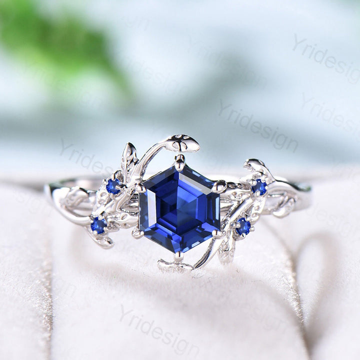 Elegant Hexagon Cut Sapphire Ring White Gold Vintage Unique Blue Sapphire Engagement Ring Branch September birthstone Wedding Ring Women - PENFINE