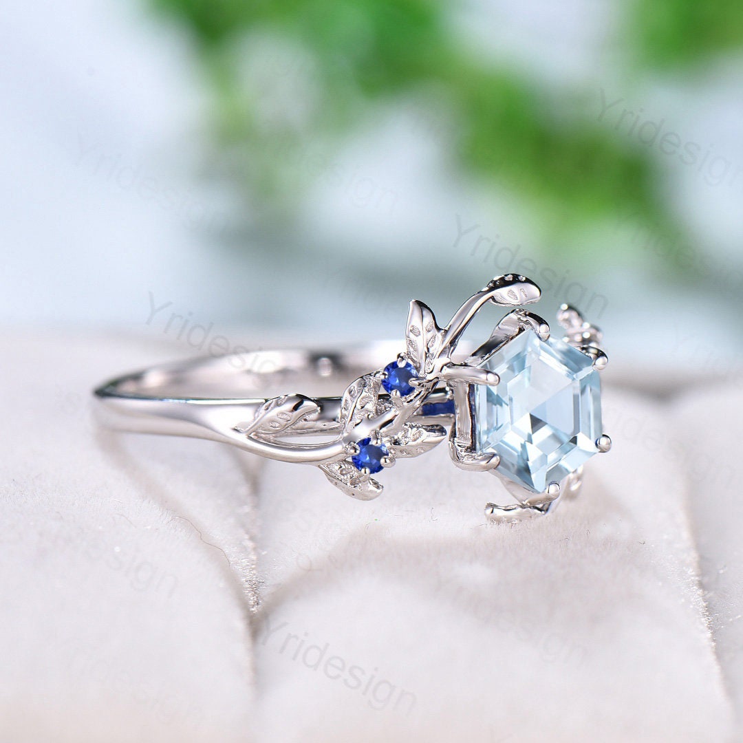 Natural Alternative Aquamarine Ring White Gold Vintage Leaf
