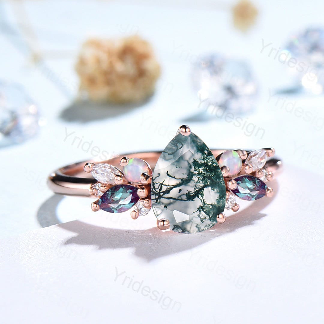 Teardrop Aquatic Agate Wedding Ring Vintage Unique Moss Agate Engagement Ring Rose Gold Alternative Alexandrite Opal Wedding Ring For Women - PENFINE