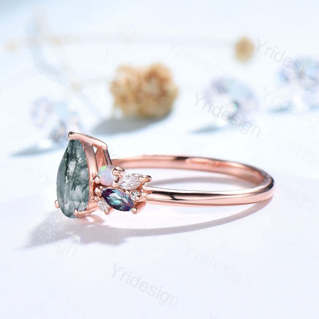 Teardrop Aquatic Agate Wedding Ring Vintage Unique Moss Agate Engagement Ring Rose Gold Alternative Alexandrite Opal Wedding Ring For Women - PENFINE