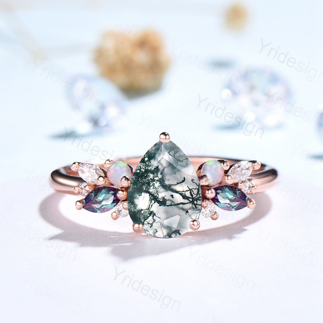 Teardrop Aquatic Agate Wedding Ring Vintage Unique Moss Agate Engagement Ring Rose Gold Alternative Alexandrite Opal Wedding Ring For Women - PENFINE