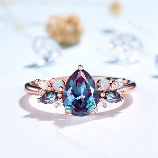 Vintage Alexandrite Opal Engagement Ring Pear Shaped Wedding Ring Women Art Deco Cluster Moissanite Anniversary Gift Bridal Promise Ring - PENFINE