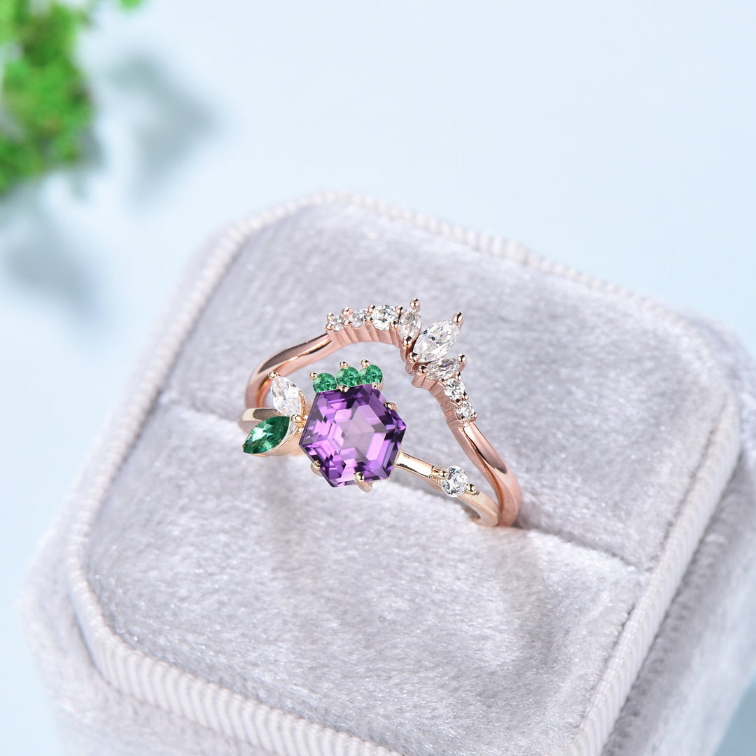 2pcs Vintage Amethyst ring set Hexagon amethyst engagement ring 14k rose gold February birthstone ring art deco moissanite wedding set women - PENFINE