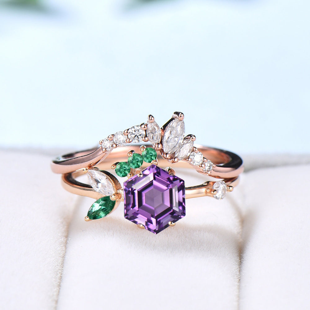 2pcs Vintage Amethyst ring set Hexagon amethyst engagement ring 14k rose gold February birthstone ring art deco moissanite wedding set women - PENFINE