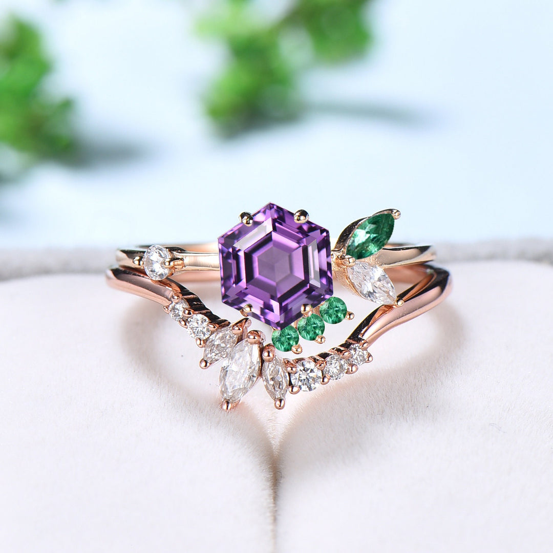 2pcs Vintage Amethyst ring set Hexagon amethyst engagement ring 14k rose gold February birthstone ring art deco moissanite wedding set women - PENFINE