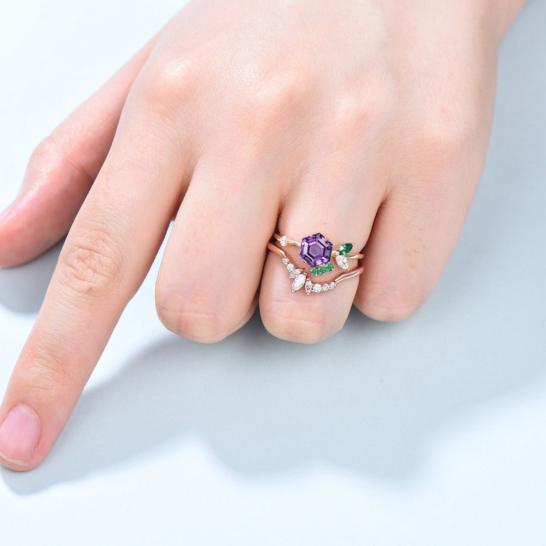 2pcs Vintage Amethyst ring set Hexagon amethyst engagement ring 14k rose gold February birthstone ring art deco moissanite wedding set women - PENFINE