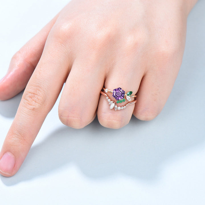 2pcs Vintage Amethyst ring set Hexagon amethyst engagement ring 14k rose gold February birthstone ring art deco moissanite wedding set women - PENFINE